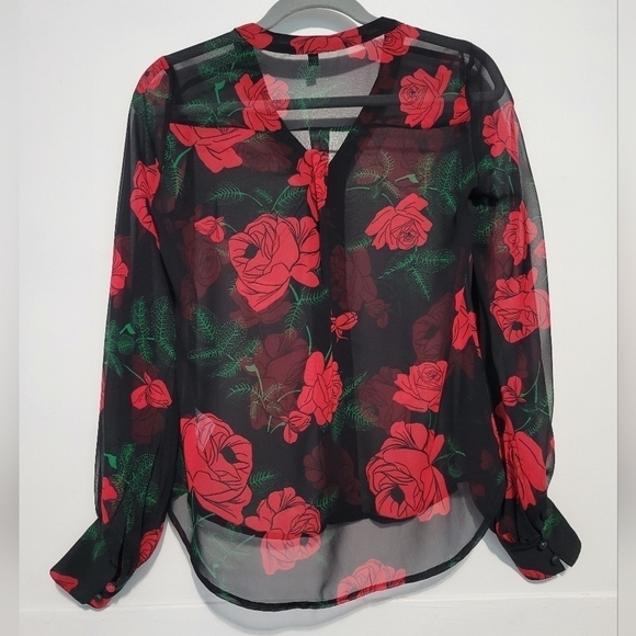 Express Rose Print Sheer V-neckline Long Sleeve Blouses Size XXS - Picture 2 of 9
